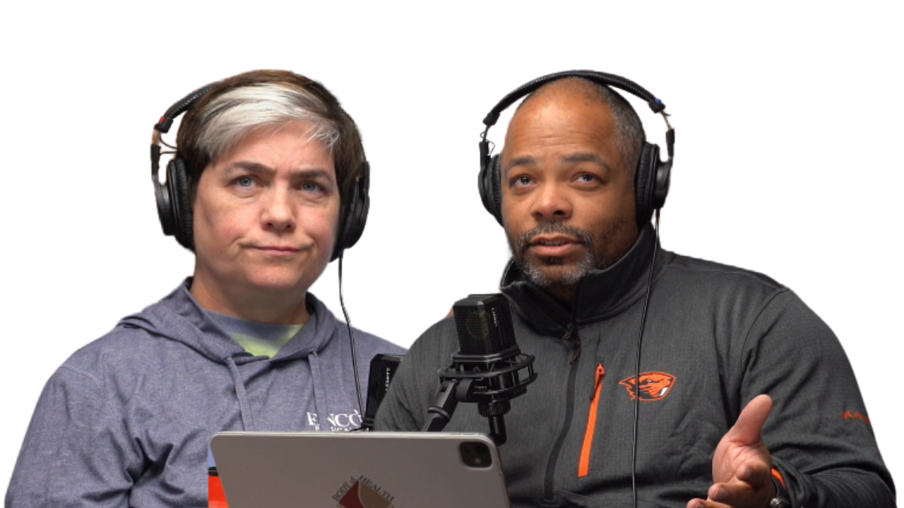 The two hosts of The PTCH Podcast at the mics