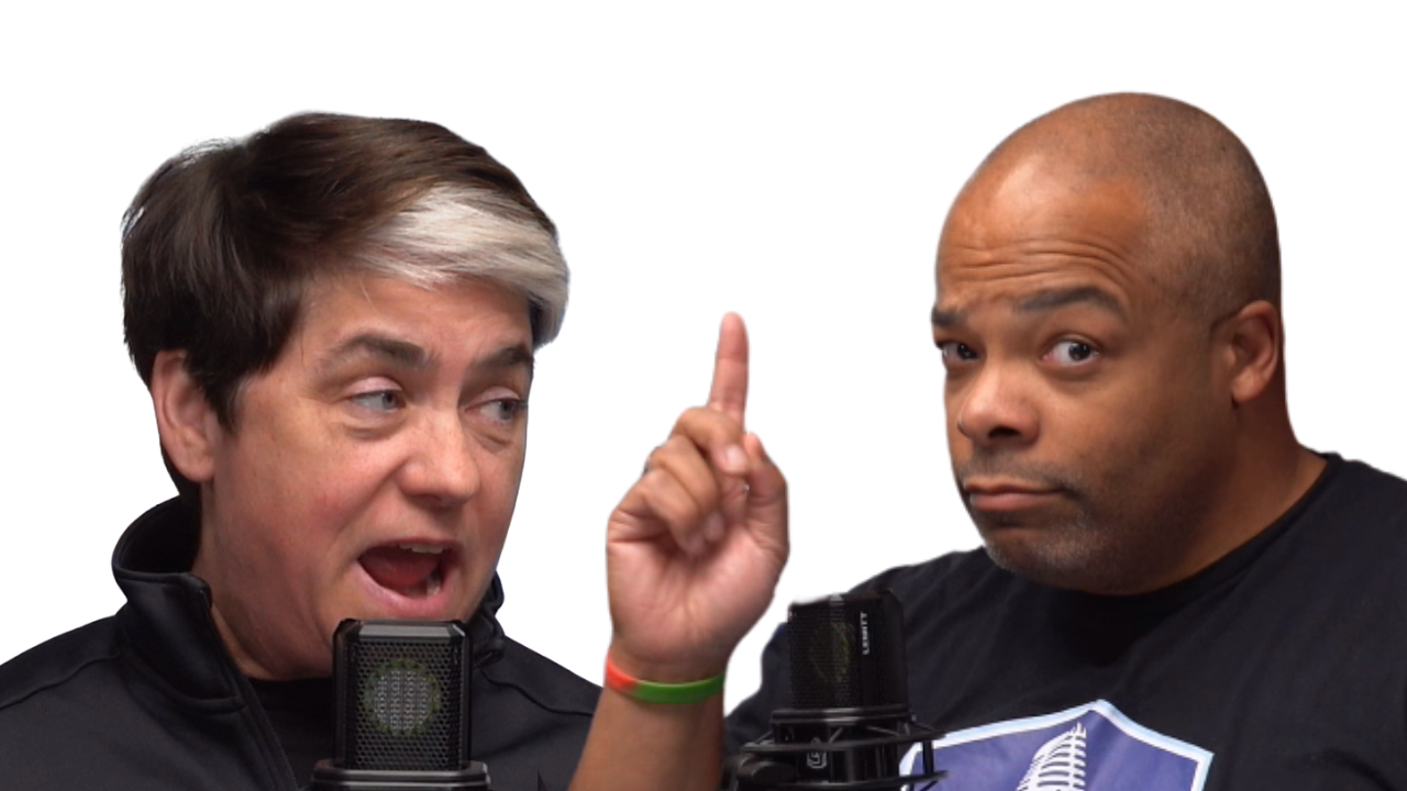 The hosts of The PTCH Podcast at the mics